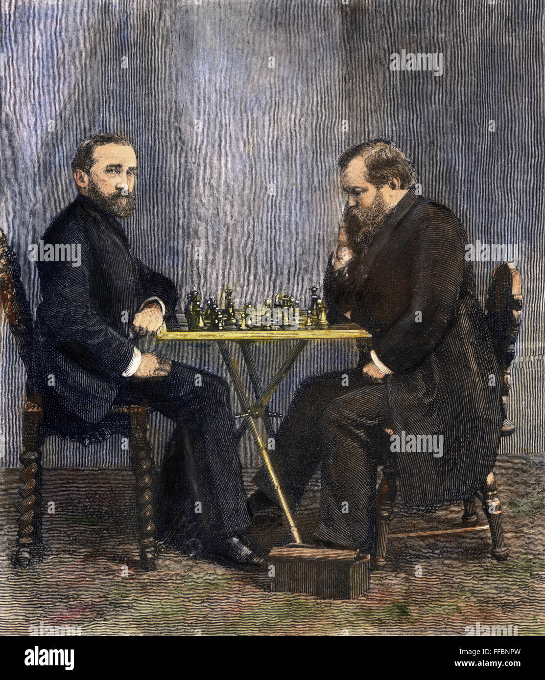ZUKERTORT VS. Steiniz. /NJohannes Hermann Zukertort y Wilhelm Steiniz en el momento de su partido de campeonato de ajedrez en Nueva York en 1886. Grabado en madera de un periódico americano contemporáneo. Foto de stock