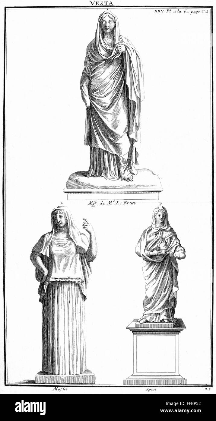 Mitología: Vesta. /Nel hearth diosa romana, conocida como la Hestia griega. Grabados de línea, francés, del siglo XVIII. Foto de stock