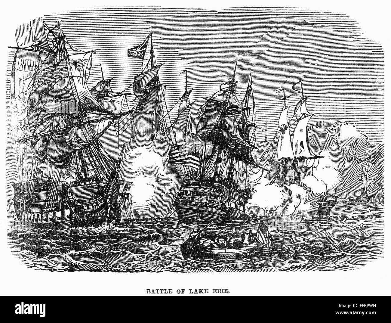 La batalla del lago Erie, 1813. /NOliver Perry del peligro de victoria en el Lago Erie, el 10 de septiembre de 1813. El grabado en madera, americanos del siglo XIX. Foto de stock