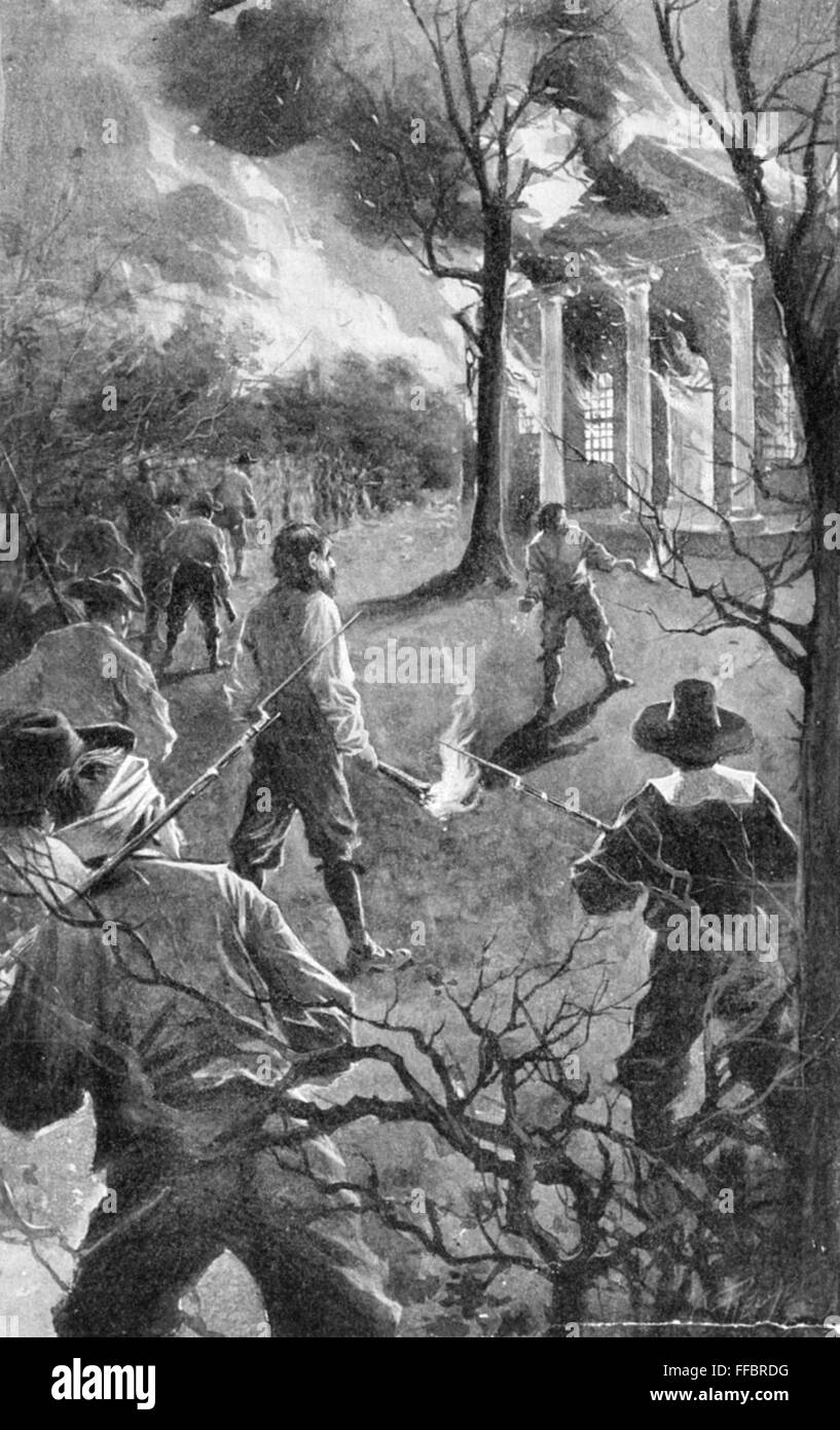 La rebelión de Bacon, 1676. /NNathaniel Bacon y sus seguidores quema de Jamestown, Virginia, el 19 de septiembre de 1676. Litografía, a comienzos del siglo XX, tras la celebración del sorteo por C.M. Ralyea. Foto de stock