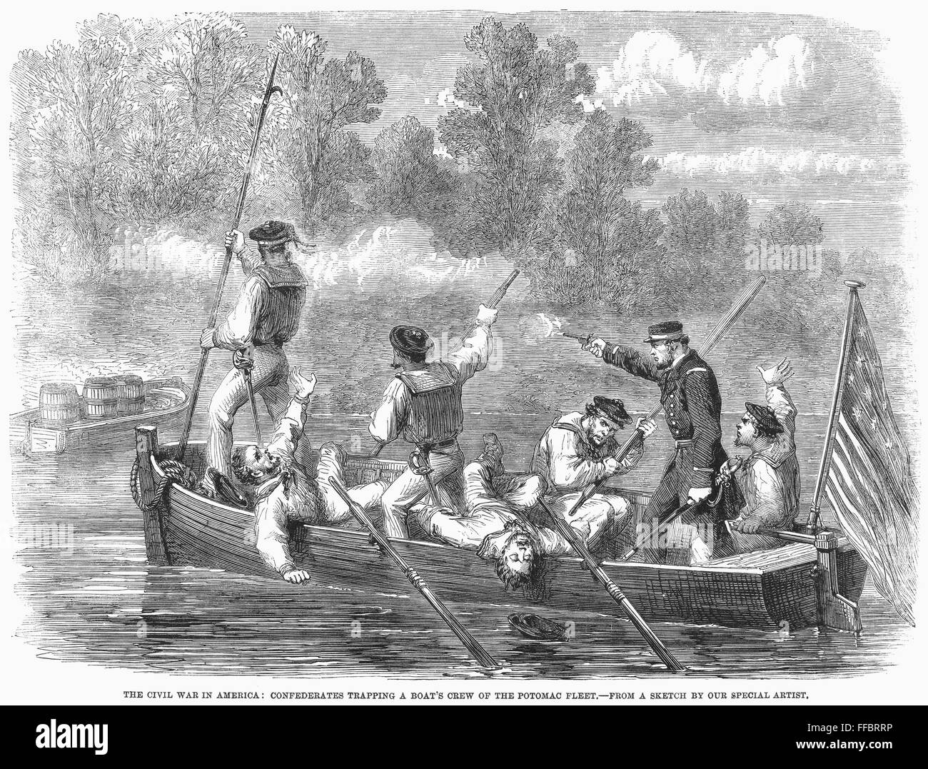 Guerra Civil: río Potomac. /NUnion marina de la tripulación del barco flota Potomac atrapados por fuerzas confederadas en el río Potomac, 1861. Grabado en madera de un periódico inglés contemporáneo. Foto de stock