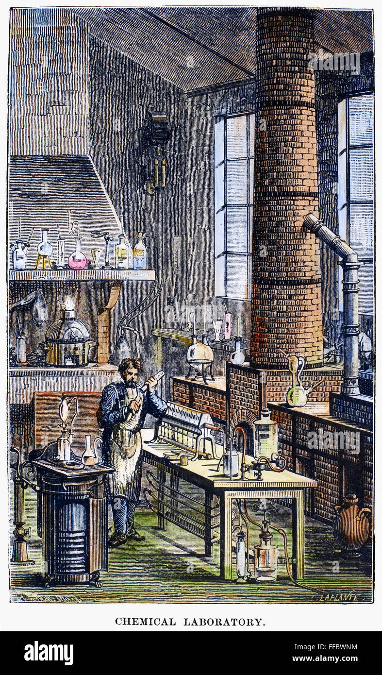 Laboratorio de Química, 1873. /Nlínea grabado, Americana, 1873. Foto de stock