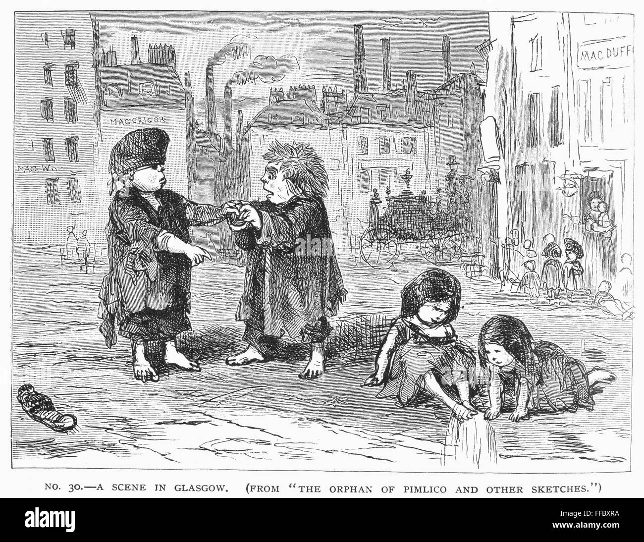 THACKERAY: Barrio, 1876. /NScene en Glasgow desde 'El huérfano de Pimlico y otros esquemas" por William Makepeace Thackeray, 1876. Foto de stock