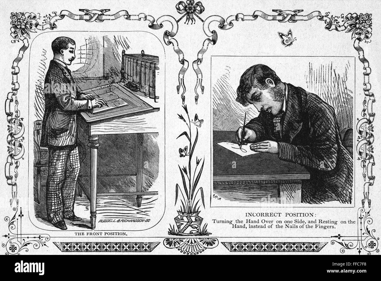 Posición de escritura correcta. /NA clerk ilustrando el correcto (izquierda) y una escritura incorrecta posiciones. El grabado en madera, americano, c1880. Foto de stock