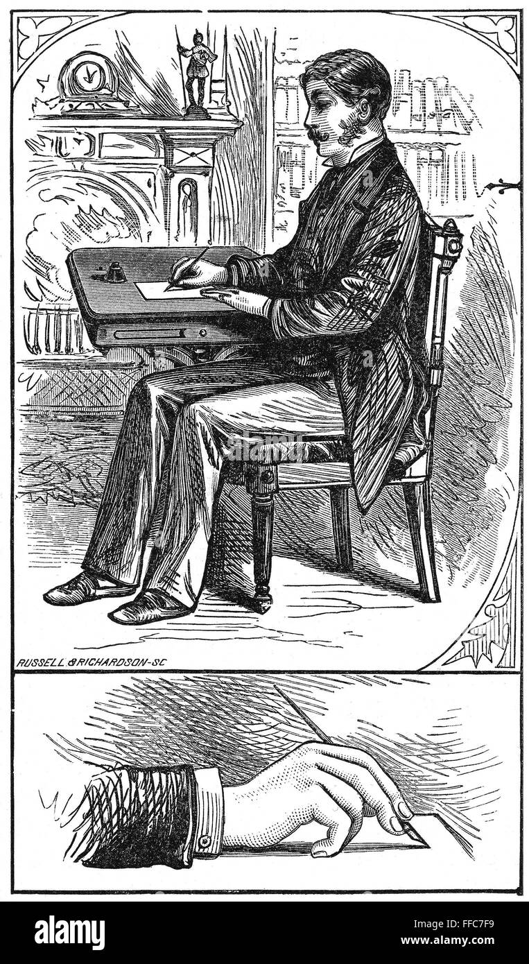 Posición de escritura correcta. /NA caballero demostrando la correcta posición para escribir. El grabado en madera, c1880. Foto de stock