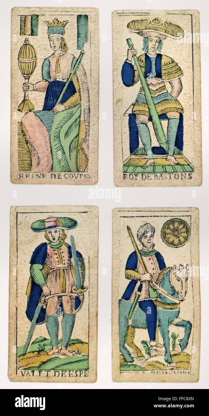 Carta del Tarot, c1720. /NItalian tarot de principios del siglo XVIII con  (en el sentido de las agujas del reloj, desde la parte superior izquierda)  la reina de copas, el rey de