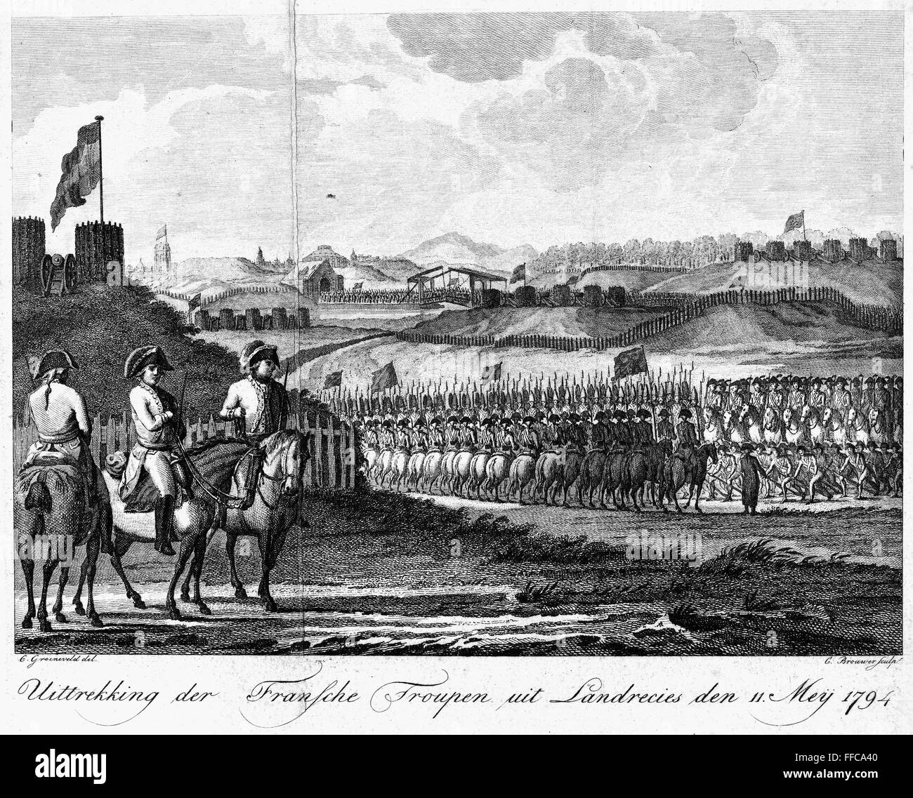 La Revolución Francesa de 1794. /NFrench tropas en Landrecies, 11 de mayo de 1794. Línea de grabado contemporáneo. Foto de stock