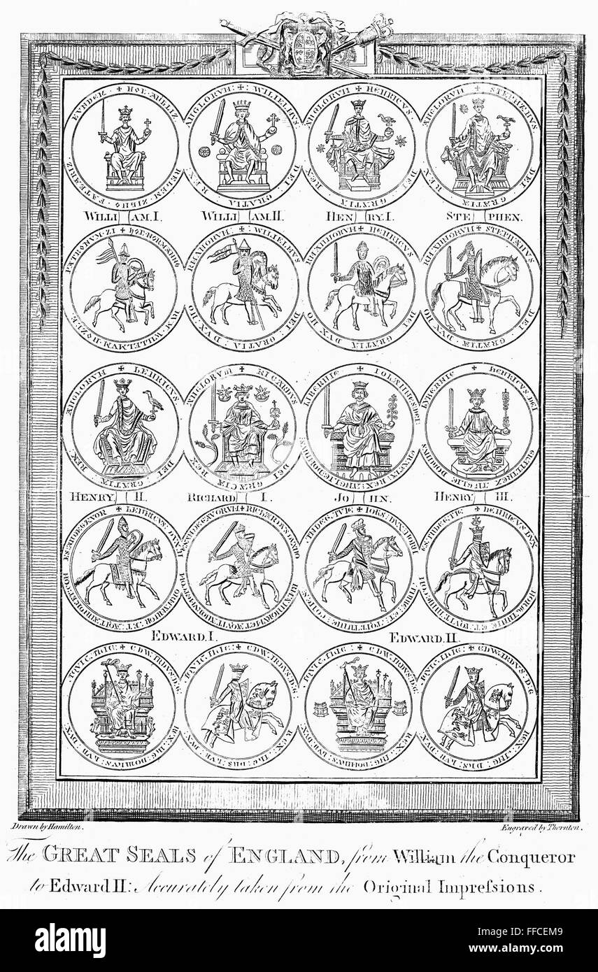 Inglaterra: Royal juntas. /NSeals de los reyes de Inglaterra, desde Guillermo el Conquistador a Edward II. Grabado de línea, C1800. Foto de stock