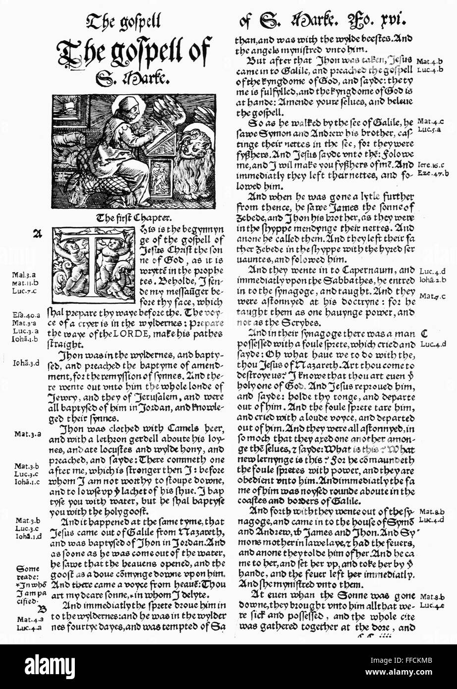 Biblia en inglés, 1535. /Nel comienzo del Evangelio de San Marcos desde