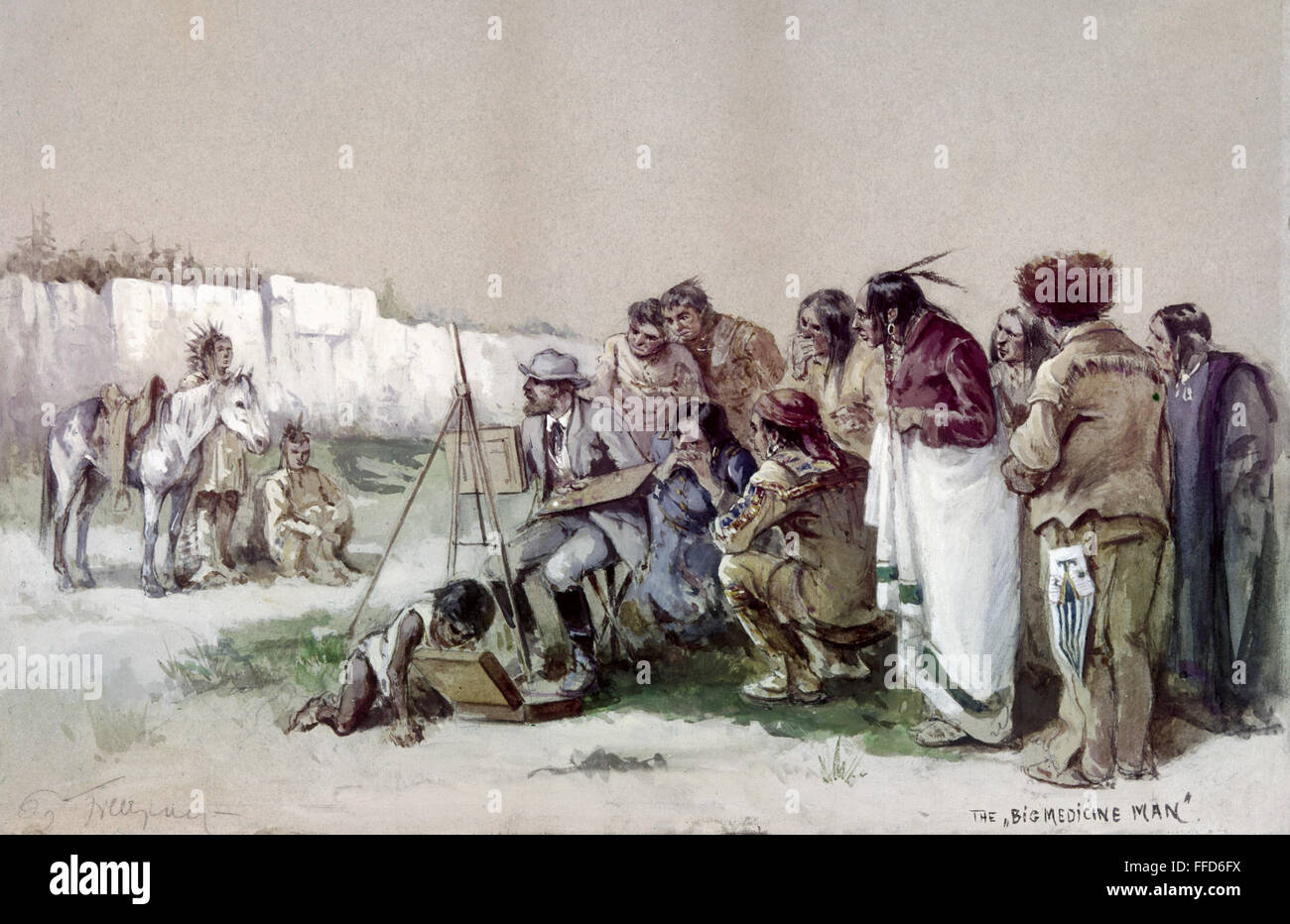 Indios: Retrato. /N'Big Medicine Man.' Un artista pintando un retrato de un jefe indígena americano con su esposa y su caballo. Lápiz, acuarela y Gouache sobre Papel por Paul Frenzeny, 1878-89. Foto de stock