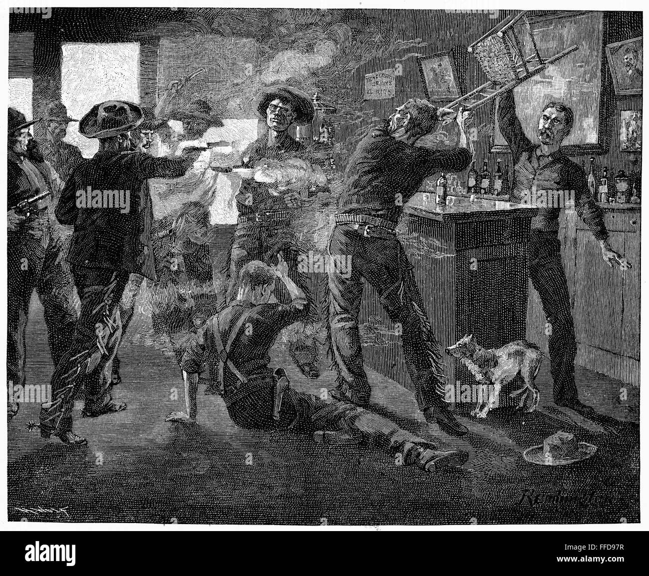Salvaje Oeste: Saloon lucha. /NA fila en una ciudad ganadera. Grabado de línea, del siglo XIX. Foto de stock