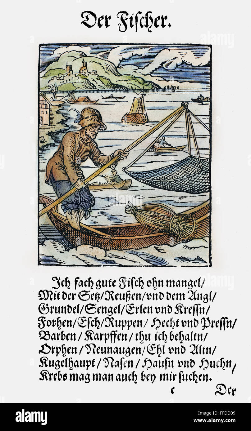 Pescador, 1568. /NWoodcut, 1568, Jost Amman. Foto de stock