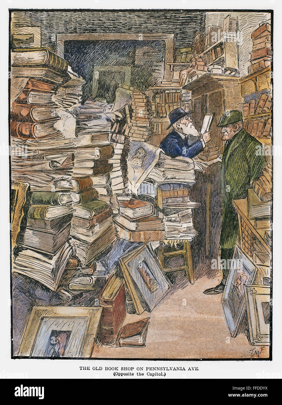 Librería, 1902. /NInterior de una vieja librería en la avenida Pennsylvania en Washington, D.C., 1902, Dibujo por Thomas Fleming. Foto de stock