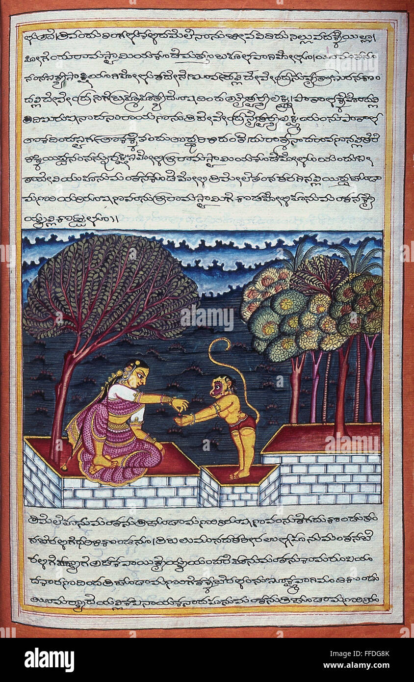 El hinduismo: Hanuman. /Nel mono Hanuman, deidad de la mitología hindú. Indian iluminación manuscrita. Foto de stock