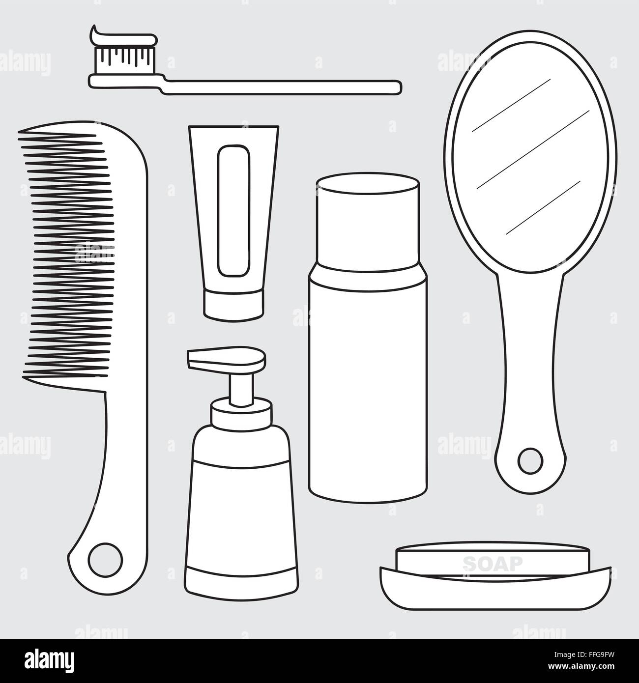 Ilustración del concepto de productos de higiene personal, artículos de aseo,  recolección, cepillo de dientes, pasta dentífrica, peine, espejo, jabón  Imagen Vector de stock - Alamy