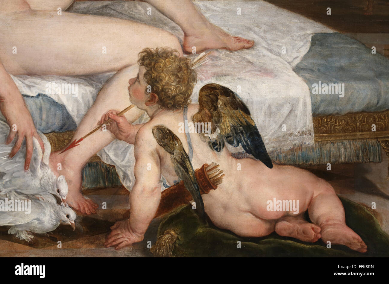 Venus y Amor, de 1554. Por pintor holandés Lambert Sustris (1515-1584). El manierismo. El Museo del Louvre. París. Francia. Detalle de amor. Foto de stock