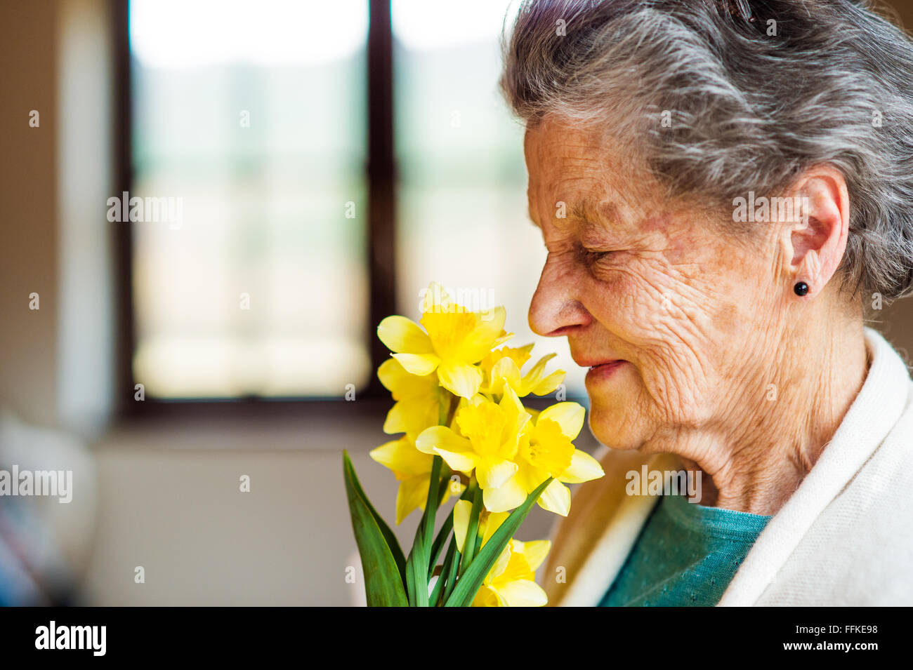 Mujer mayor por la ventana oliendo ramo de narcisos Foto de stock