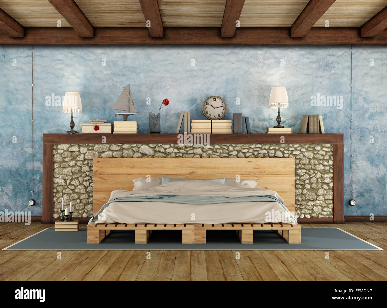 Pellet cama en un dormitorio de estilo rústico con paredes de piedra y  techos de madera - 3D Rendering Fotografía de stock - Alamy