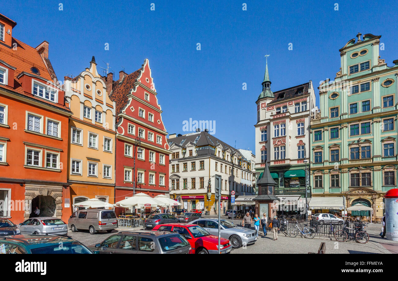 Polonia, Silesia Baja, Wroclaw (Breslau), casas patricias en la Plaza del Mercado de sal Foto de stock
