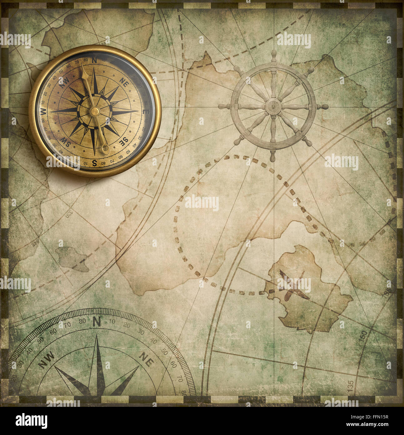Antigüedades de latón envejecido y brújula náutica mapa del tesoro antiguo Foto de stock