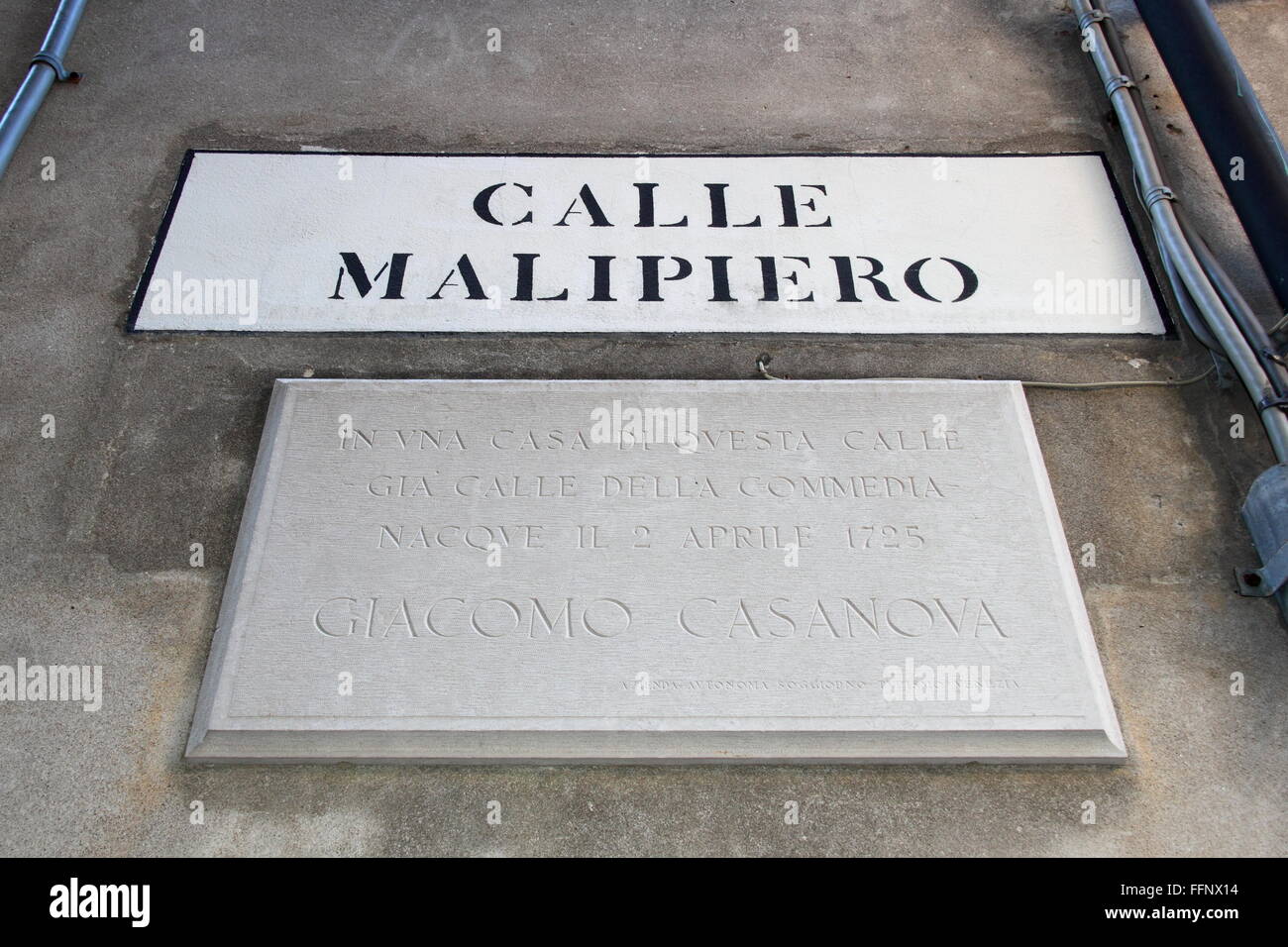 Placa conmemorativa del nacimiento de Giacomo Casanova, Calle Malipiero, San Marco, Venecia, Véneto, Italia, el Mar Adriático, en Europa Foto de stock