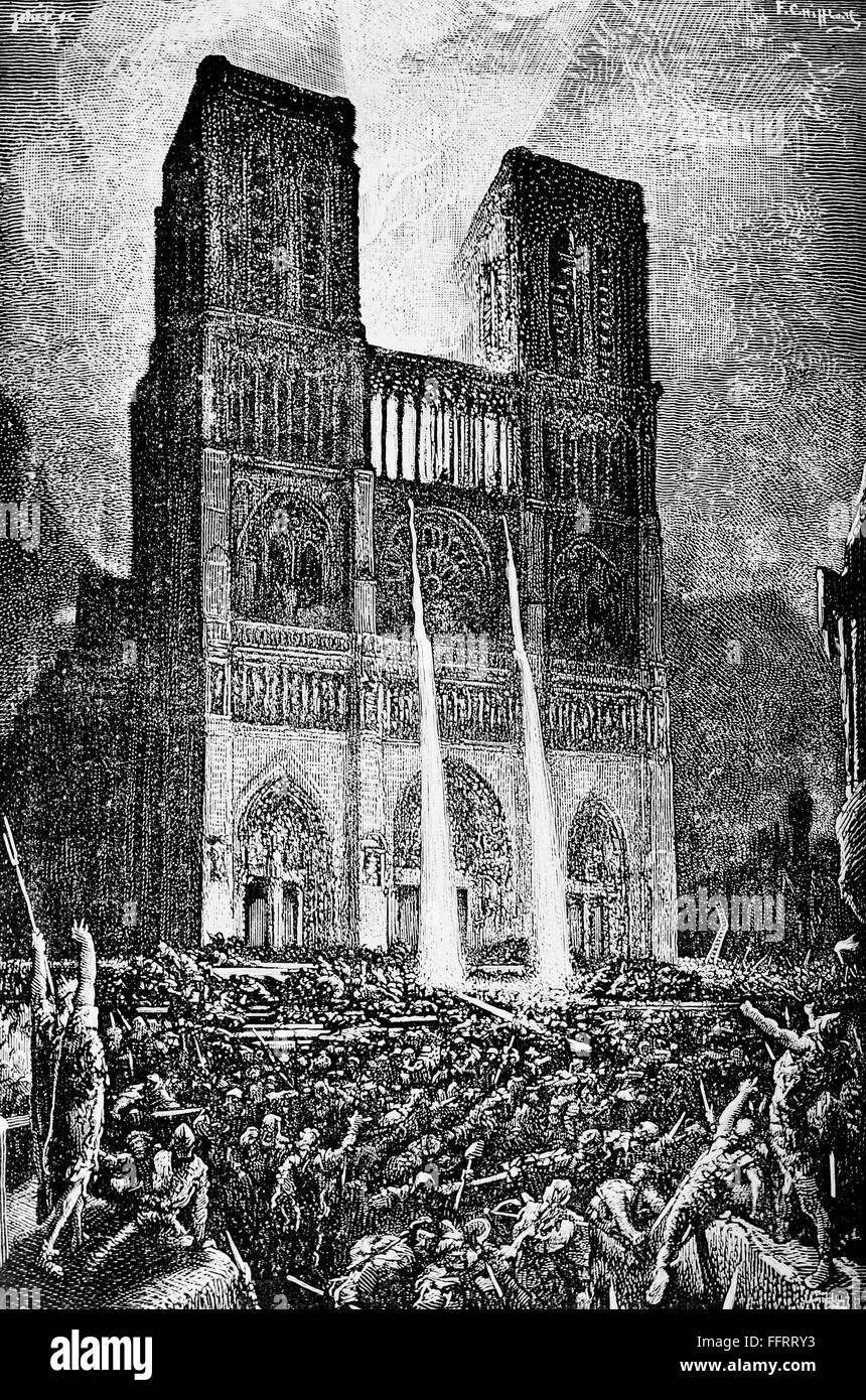 Jorobado de Notre Dame. /NTruants cargando la catedral de Notre Dame de París para rescatar Esmaralda. Grabado de una edición francesa del siglo XIX de la novela de Victor Hugo, publicado por primera vez en 1831. Foto de stock