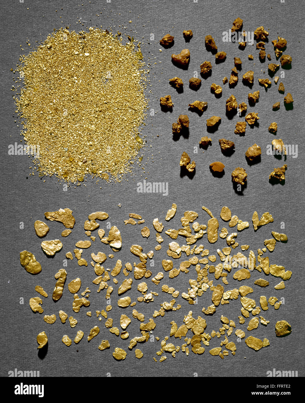 Pepitas de oro y polvo. /NUpper izquierda: pepitas de oro del río  Consumnes, superior derecha: polvo de oro de la mariposa, río abajo: chips  de oro desde el río Merced, todos en