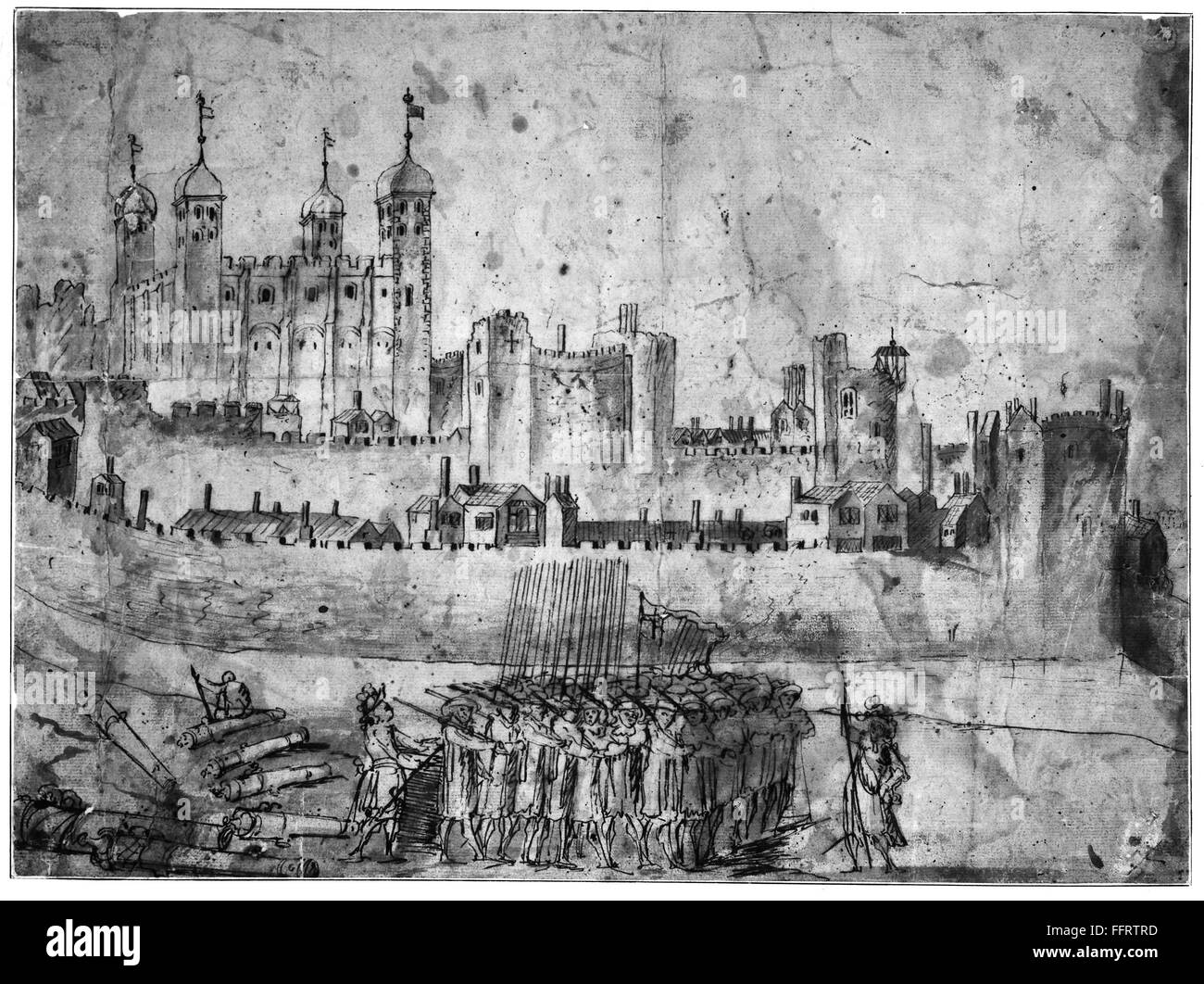 La Torre de Londres, 1600. /NTroops y cañones en la Torre de Londres. Dibujo lavado por un artista desconocido, siglo XVII. Foto de stock