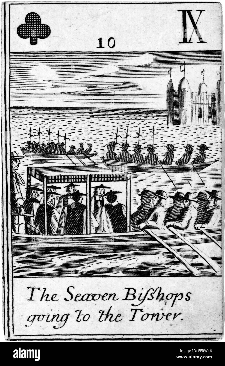 Siete obispos' Juicio, 1688./nSeven Iglesia de Inglaterra/nbishops, acusado de difamación sediciosa, son llevados a la Torre, 1688. Naipe inglés contemporáneo. Foto de stock