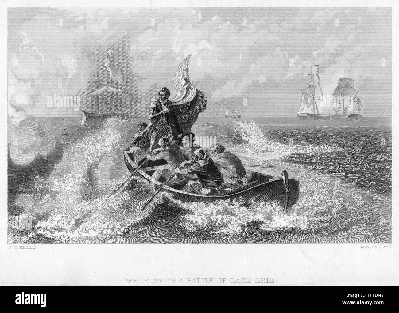 La batalla del lago Erie, 1813. /NCommodore Oliver Perry peligro dejando a su buque insignia, el 'Lawrence' para el 'Niagara' para continuar luchando contra los británicos en la batalla del lago Erie, 10 de septiembre de 1813. Grabado de línea, del siglo XIX. Foto de stock