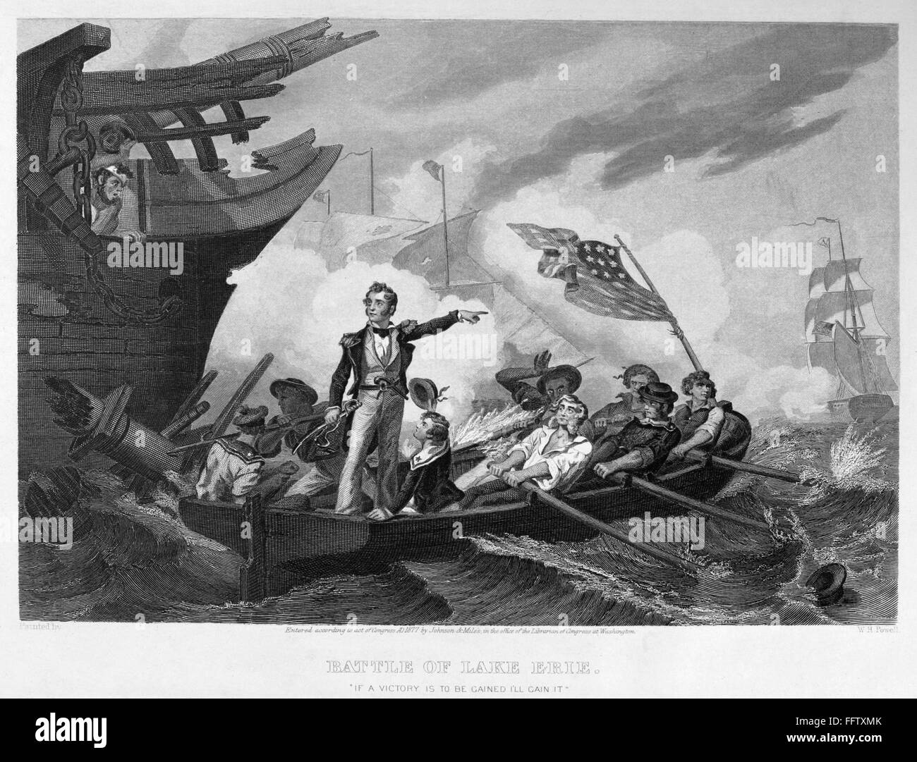La batalla del lago Erie, 1813. /NOliver Perry peligro gravemente dañadas, dejando a su buque insignia, el 'Lawrence' para el 'Niagara' para continuar luchando contra los británicos en la batalla del lago Erie, 10 de septiembre de 1813. Acero grabado, Americana, 1877, después de un paintin Foto de stock