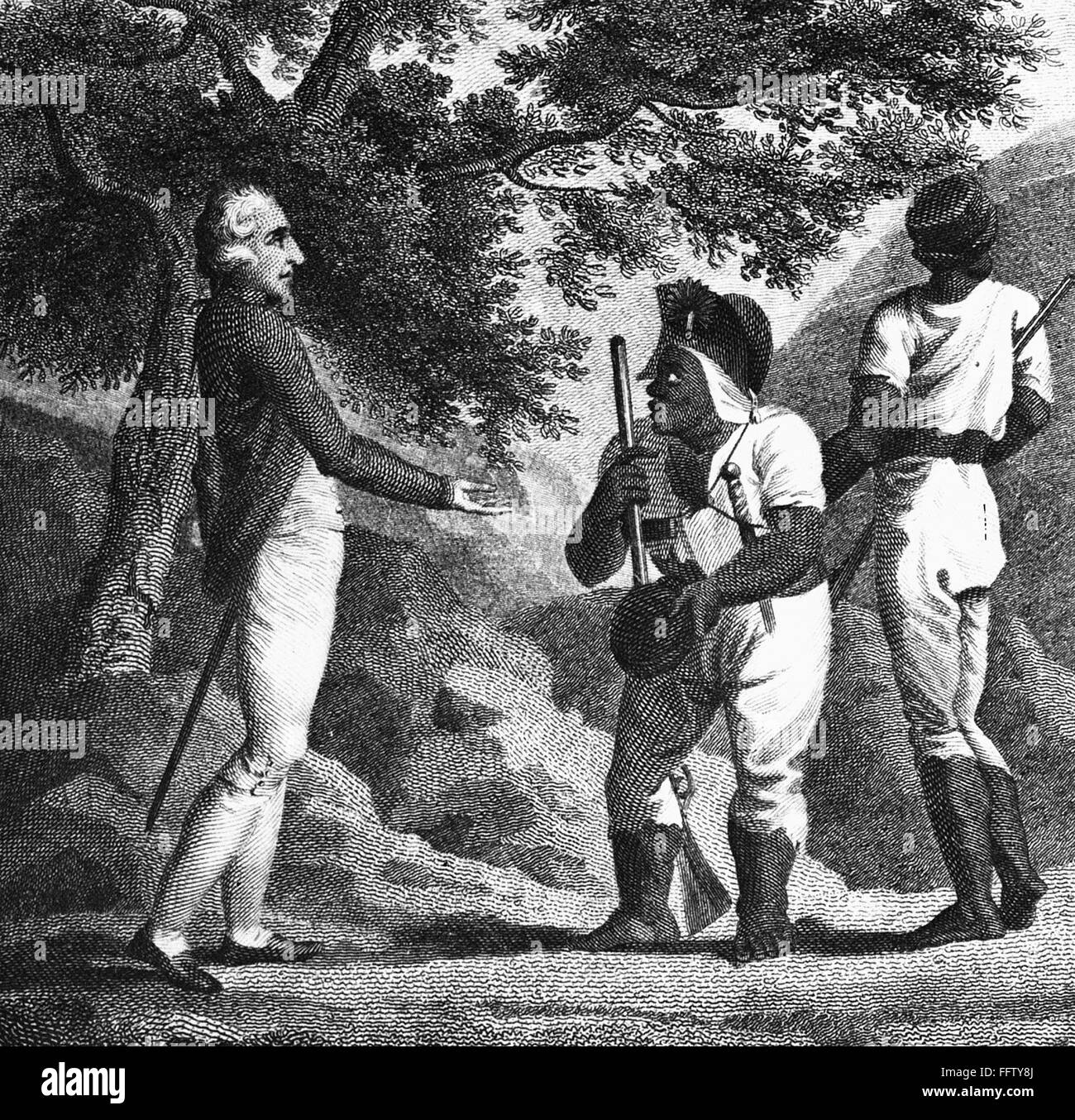 JAMAICA: cimarrones, c1739. /Nel líder Maroon, Cudjoe, convenció a hacer la paz con los ingleses en Jamaica, 1739. Grabado de línea, del siglo XIX. Foto de stock