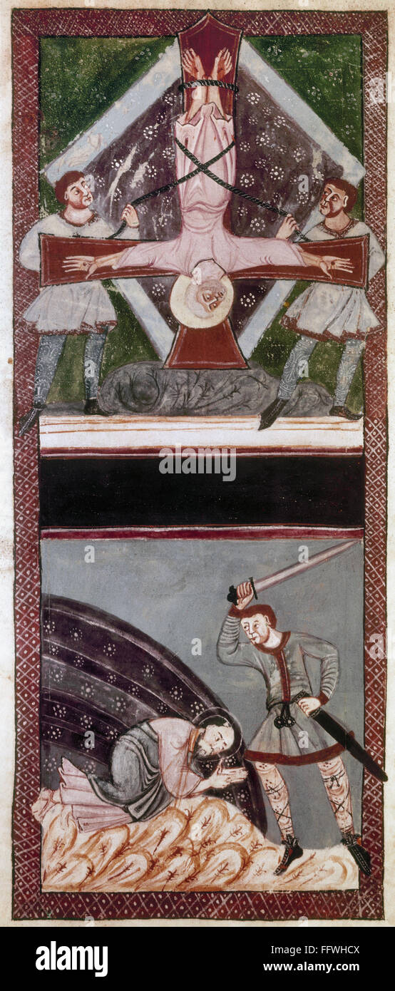 Los santos apóstoles Pedro y Pablo. /Nel el martirio de San Pedro (arriba) y San Pablo (abajo). Iluminación de manuscritos medievales. Foto de stock