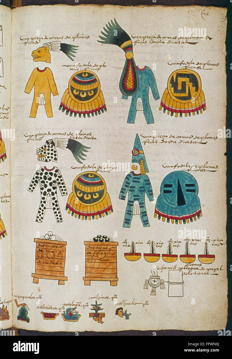 México: Los Aztecas ilustraciones. /NAztec ropa y otros artefactos probablemente utilizados en ceremonias religiosas. Página del manuscrito iluminado, probablemente desde el Codex Magliabechiano, de mediados del siglo XVI. Foto de stock