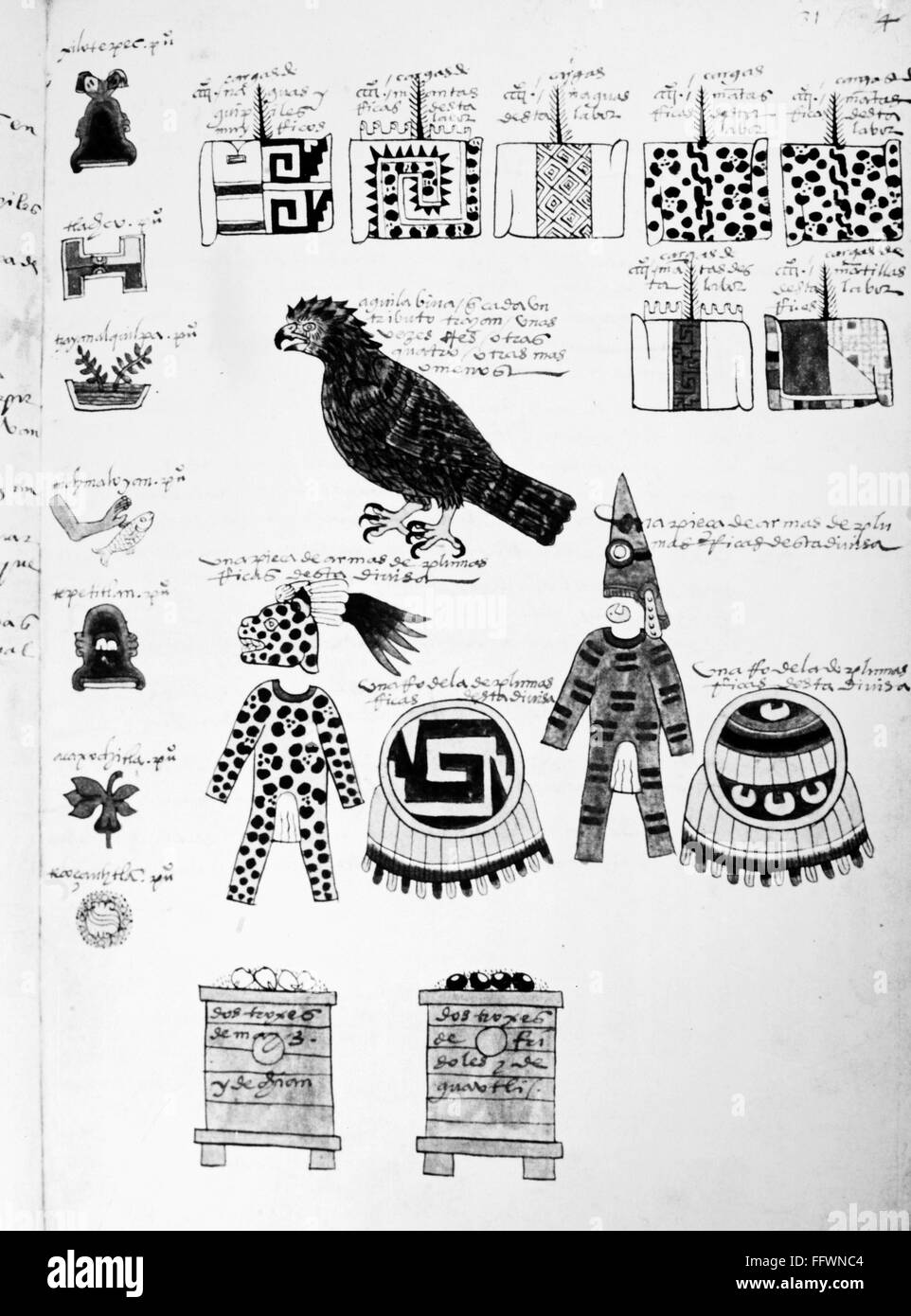 México: Los Aztecas ilustraciones. /NAztec ropa y otros artefactos probablemente utilizados en ceremonias religiosas. Iluminación manuscrita, probablemente desde el Codex Magliabechiano, de mediados del siglo XVI. Foto de stock