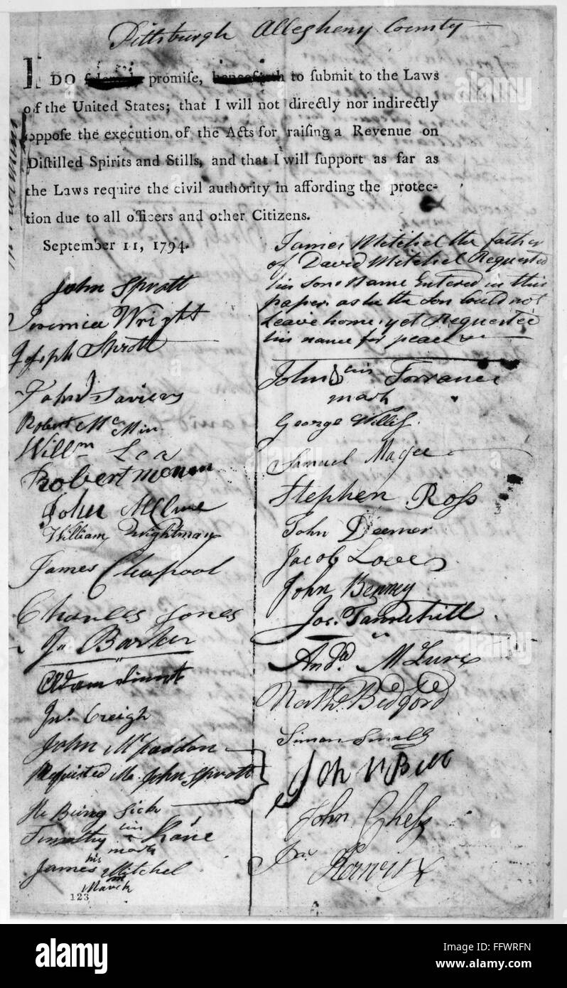 WHISKEY Rebellion, 1794. /Nel participantes en el Whiskey rebelión fueron puestos en libertad tras la firma de este juramento a 'submit a las leyes de los Estados Unidos', Pittsburg, el 11 de septiembre de 1794, Foto de stock
