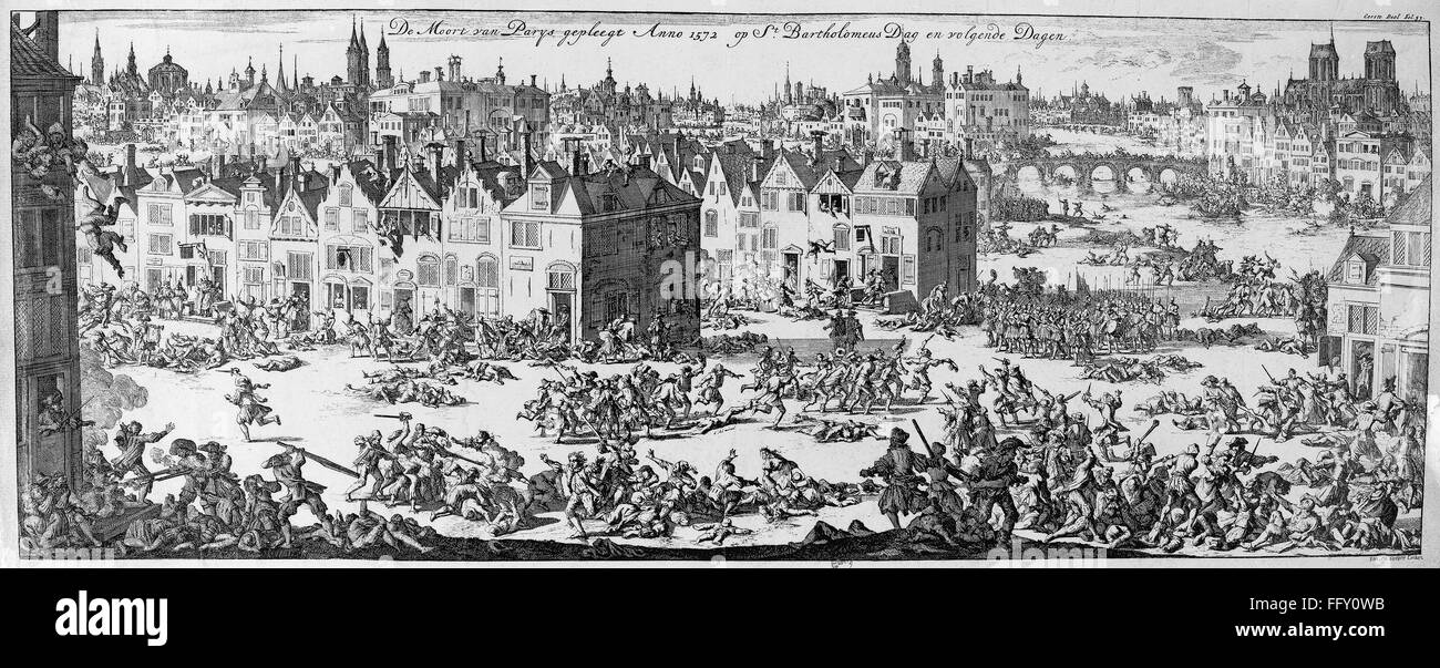 Masacre de los hugonotes. /Nel matanza de los hugonotes en París, Francia, del Día de San Bartolomé, el 24 de agosto de 1572. Grabado en cobre, Holandés, 1696. Foto de stock