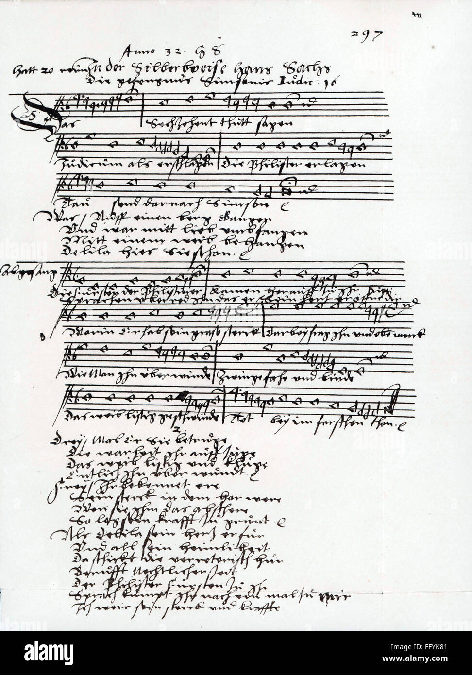 Música, notación, partitura musical, Meistergesang de 'Gruendlicher Bericht des deutschen Meistergesangs' de Adam Puschmann, Goerlitz, 1571, Additional-Rights-Clearences-no disponible Foto de stock