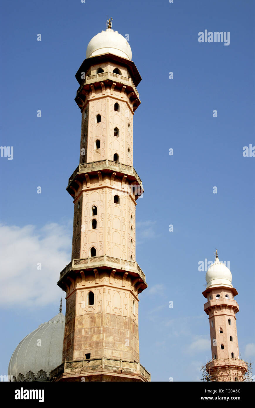 Los minaretes de 18 pisos de color rosa Masjid Tajul señorial construida en 1870 por Shahjehan Begum mayor mezquita Bhopal, Madhya Pradesh Foto de stock