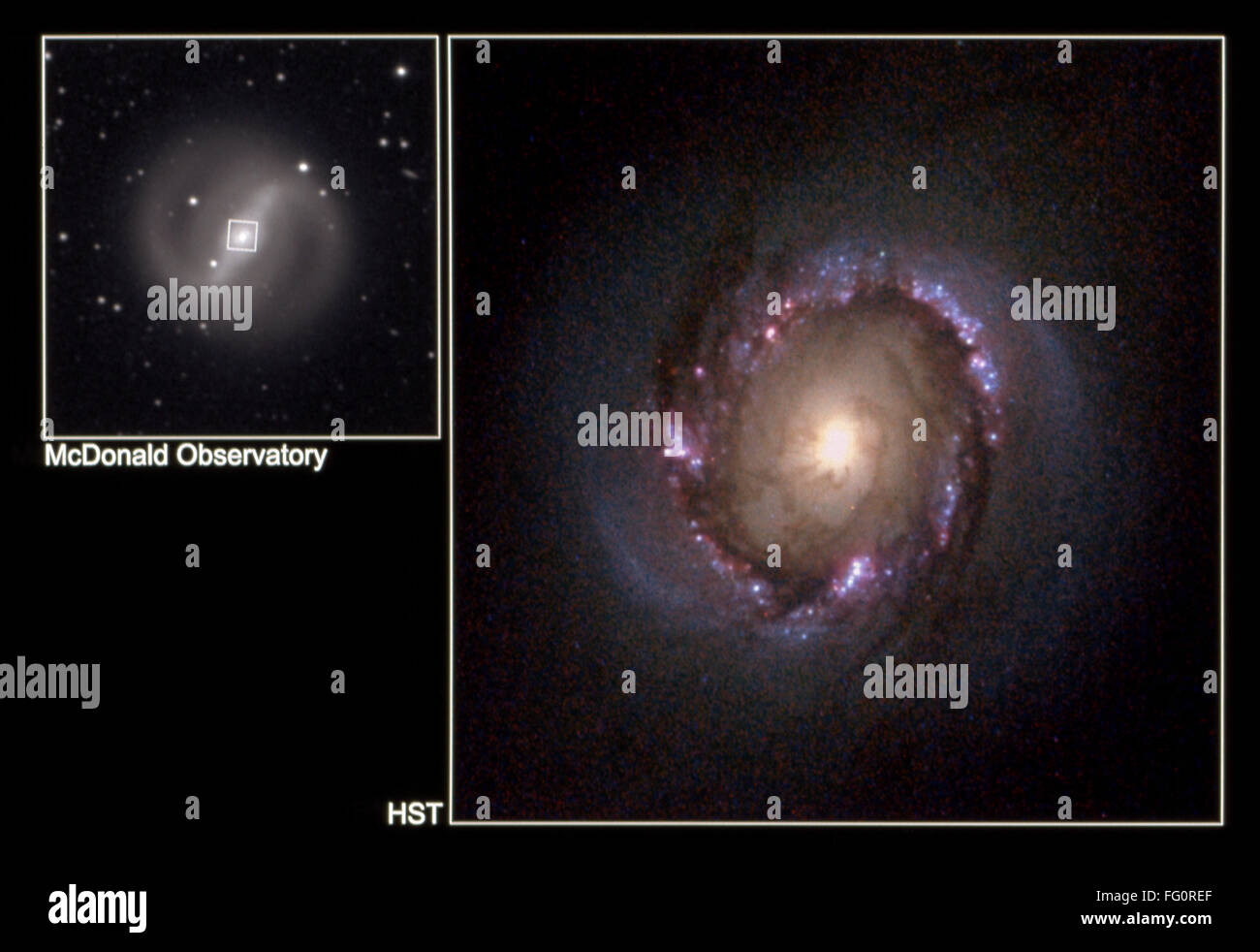 Espacio: Galaxy, 1995. /Nel centro de la galaxia NGC 4314 rodeada de racimos de infant estrellas, fotografiado por el Telescopio Espacial Hubble de la NASA, en diciembre de 1995. A la izquierda, una visión más amplia de la galaxia tomada por el Observatorio McDonald, de febrero de 1996, con una Foto de stock