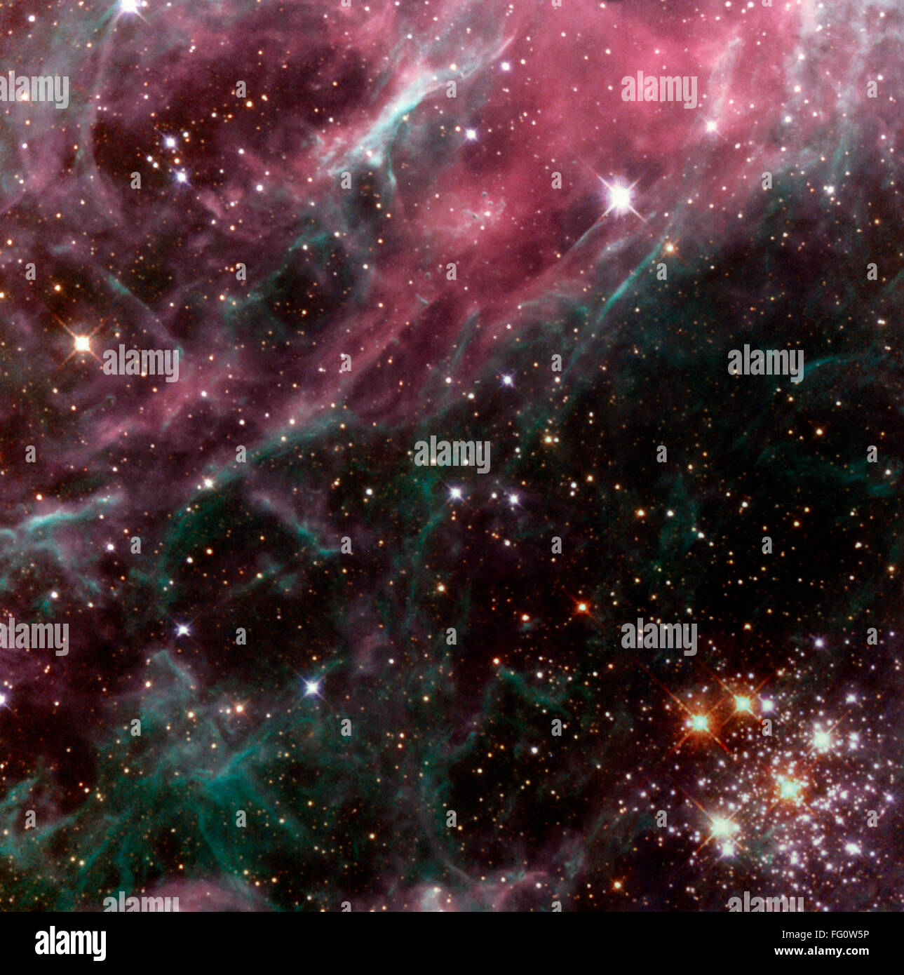 El Hubble: nebulosa, c1999. /Nel cúmulo de estrellas conocido como Hodge 301 en la nebulosa Tarántula en la Gran Nube de Magallanes. Fotografiado por el Telescopio Espacial Hubble, c1999. Foto de stock