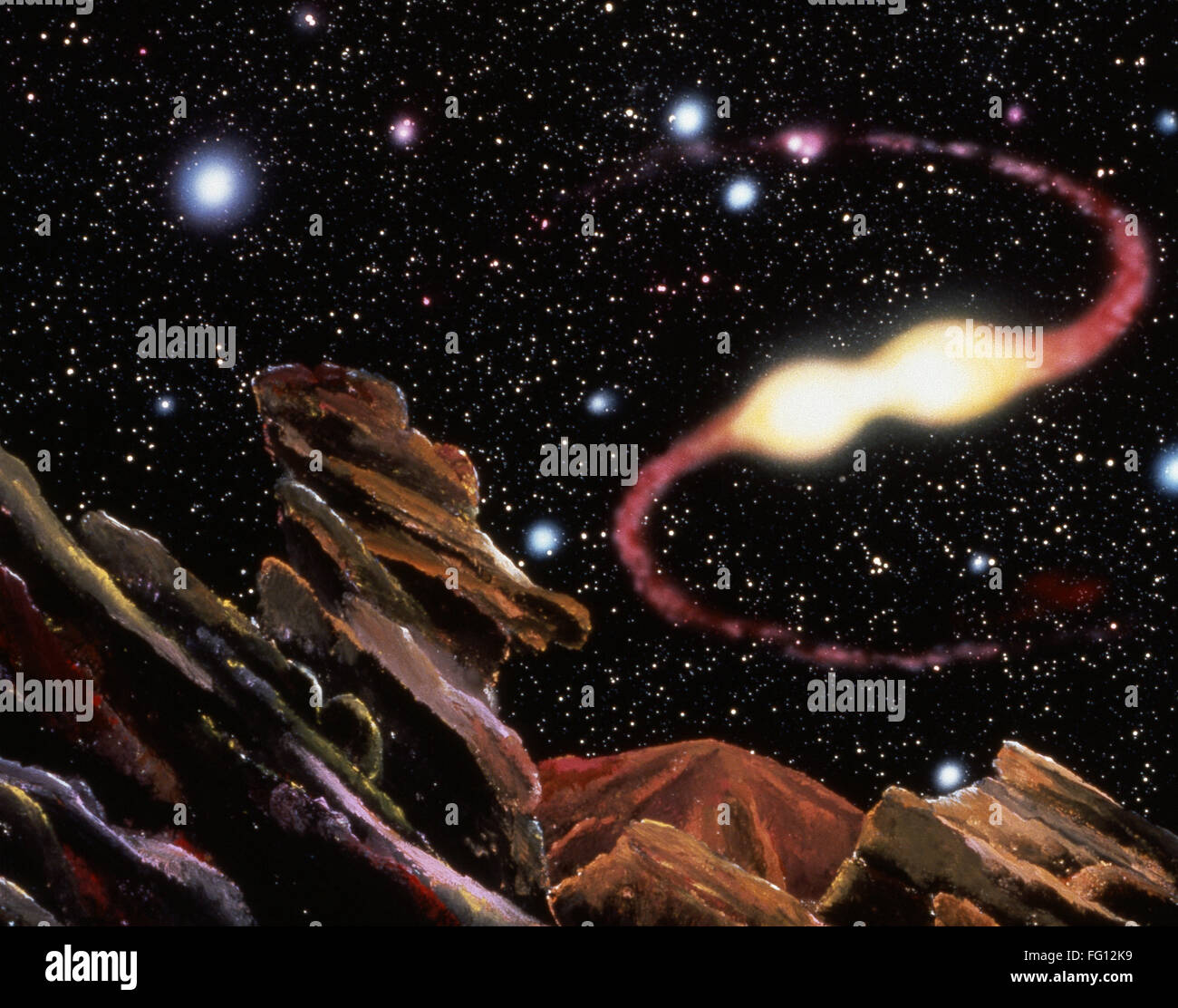 Espacio: el cúmulo globular. /NView de un cúmulo globular de estrellas del núcleo. Ilustración por Dana Berry por el Space Telescope Science Institute, c1991. Foto de stock
