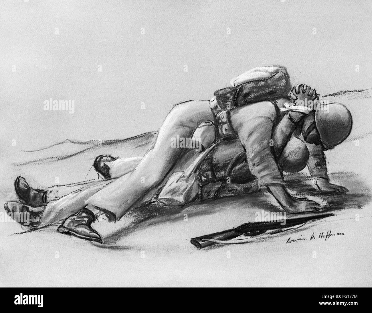 La SEGUNDA GUERRA MUNDIAL: el rescate. /NA ayudante médico del ejército de los Estados Unidos arrastrando un camarada a la seguridad durante la Segunda Guerra Mundial. Dibujo, americano, c1944. Foto de stock