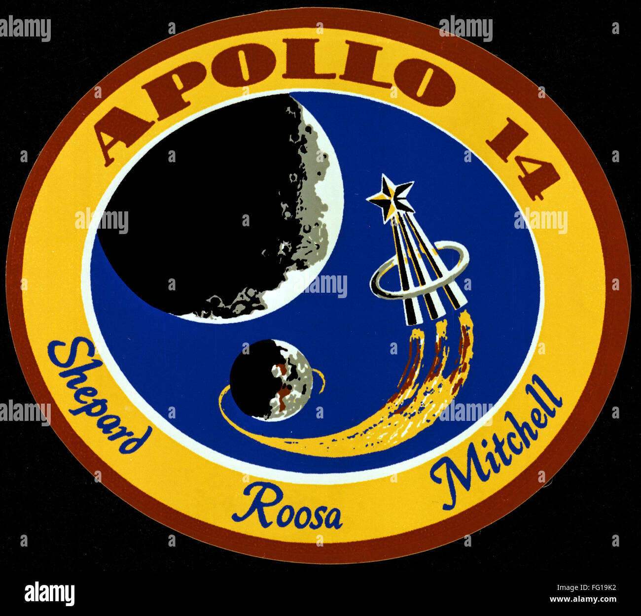 Apolo 14: Insignia, 1971. /Nel emblemas oficiales de la misión Apolo 14. Ilustración, 1971. Foto de stock