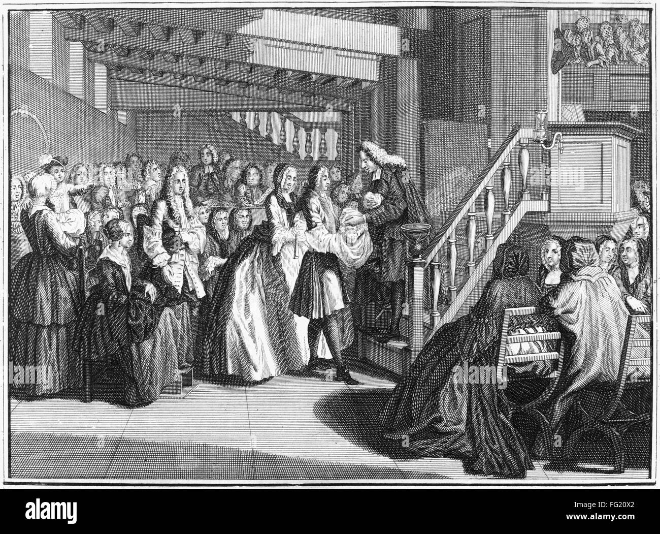 El protestantismo: el bautismo. /N'El Bautismo de los protestantes." El grabado, siglo XVIII o XIX. Foto de stock