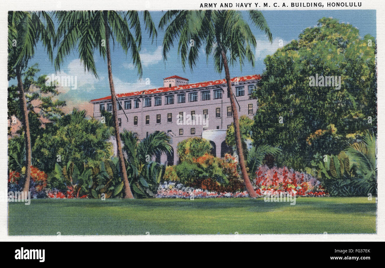 HAWAII: Y.M.C.A., 1935. /Nel del ejército y de la Marina edificio Y.M.C.A. en Honolulu, Hawaii. Postcard, Americana, 1935. Foto de stock
