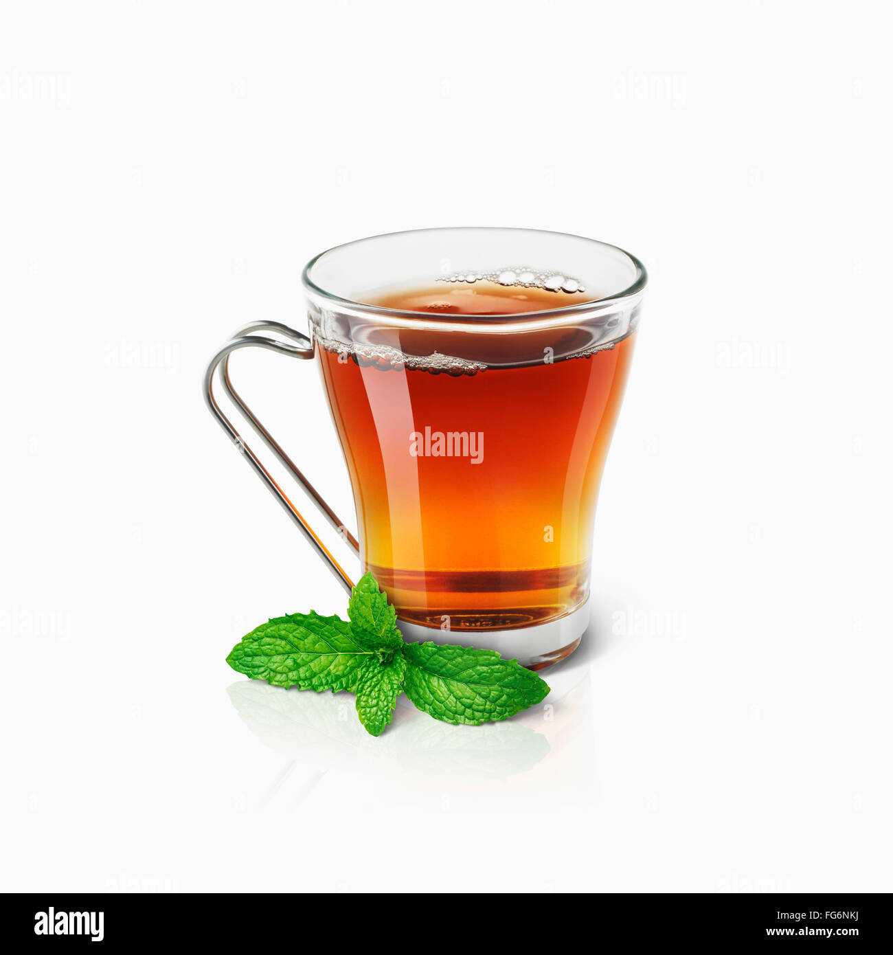 Tazón de vidrio impregnada té caliente y una ramita de hojas de menta sobre un fondo blanco; Toronto, Ontario, Canadá Foto de stock