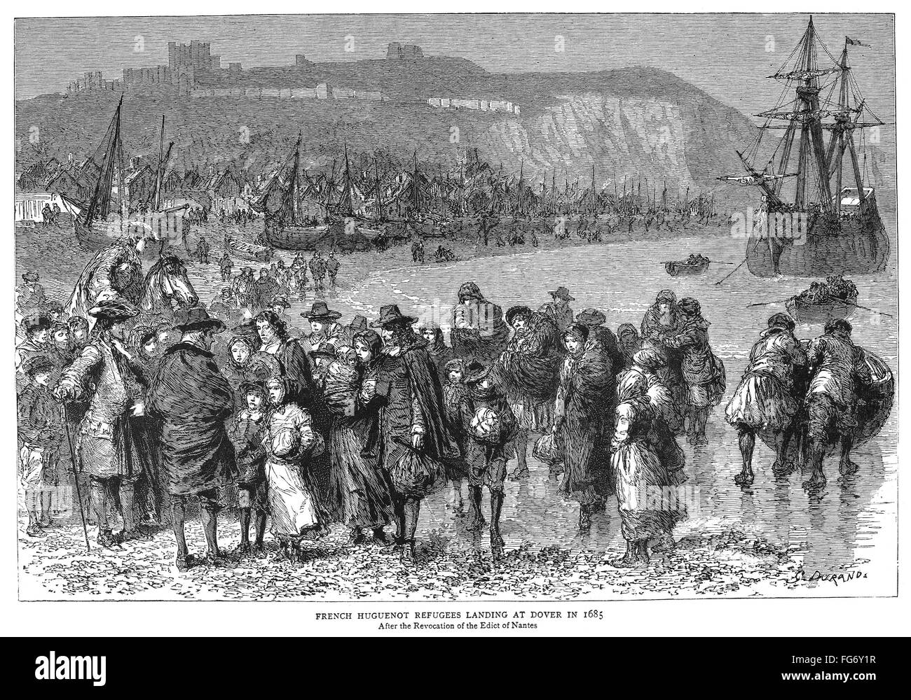 Los hugonotes en Dover, 1685. /NFrench hugonotes aterrizar en Dover, Inglaterra, después de la Revocación del Edicto de Nantes en 1685. Grabado, inglés, 1885. Foto de stock