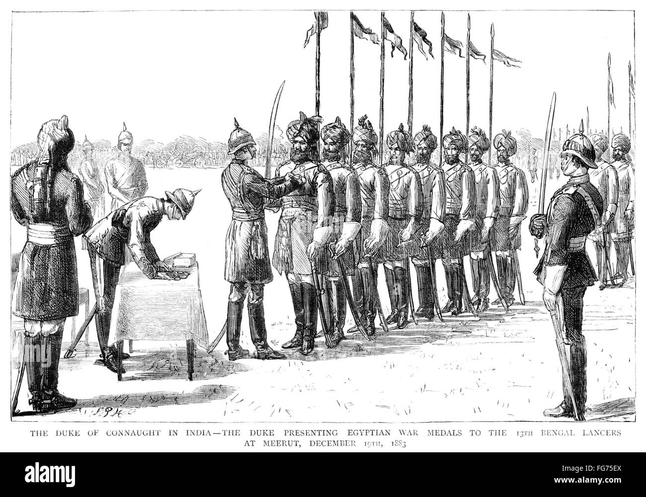 Arturo, Duque de Connaught /n(1850-1942). El príncipe británico y soldado. Presentación de guerra egipcios medallas a los 13 Bengal Lancers en Meerut, India, el 19 de diciembre de 1883. Grabado en inglés contemporáneo. Foto de stock