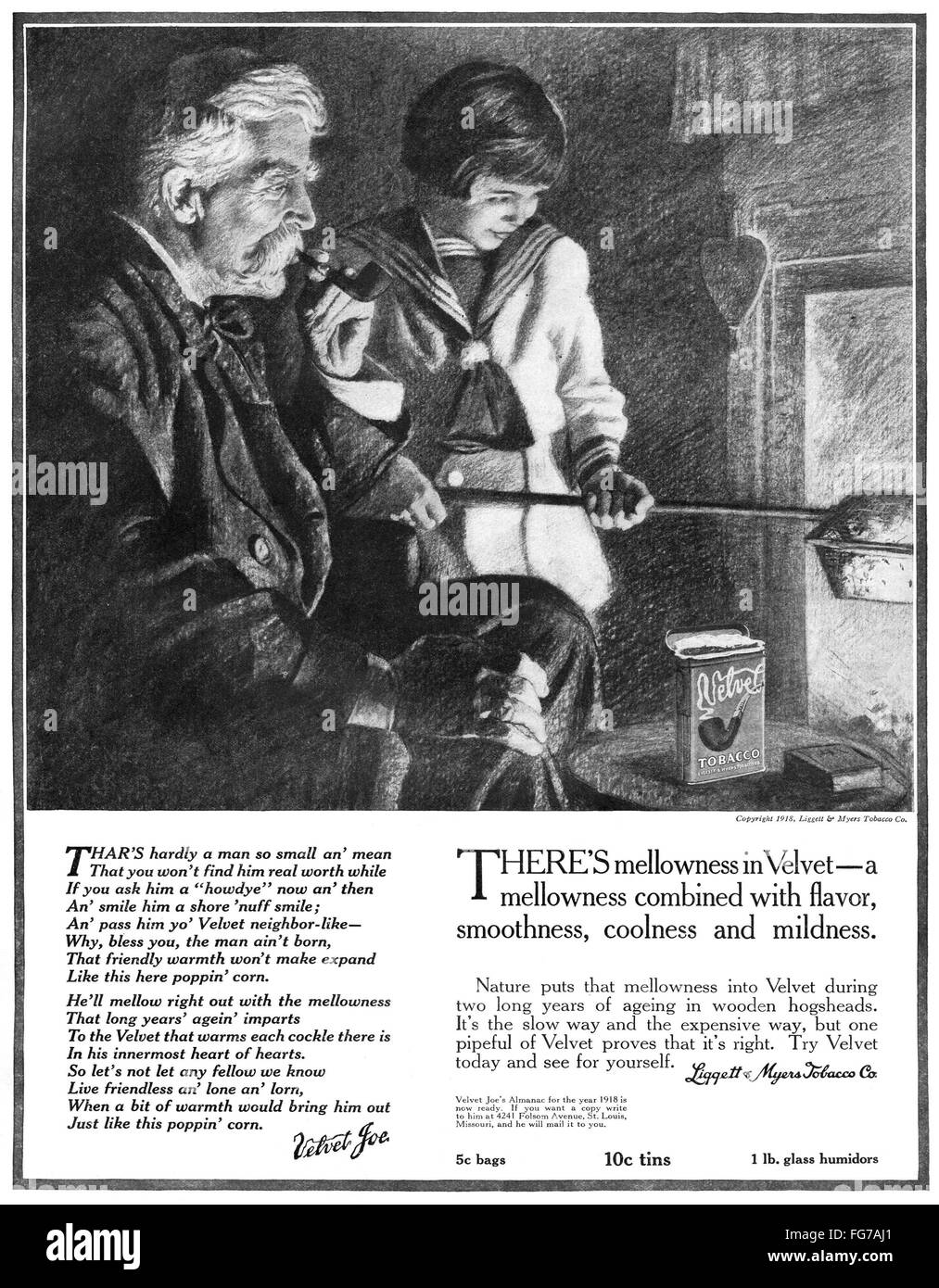 AD: Tabaco, 1918. /NAmerican publicidad de tabaco de Terciopelo, un producto de la empresa tabaquera Liggett y Myers. Ilustración, 1918. Foto de stock